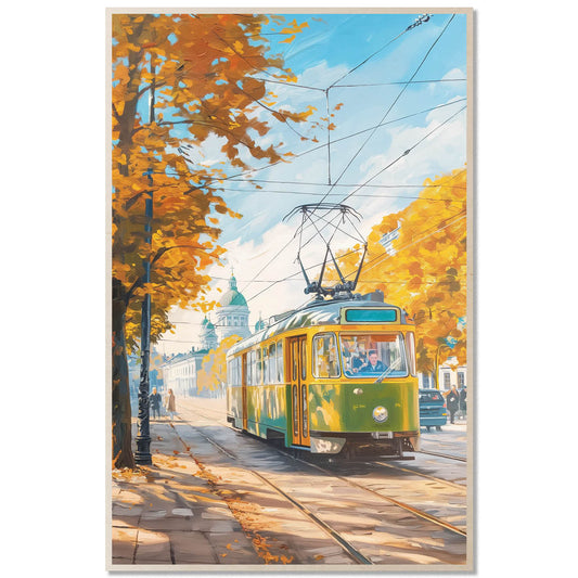Helsinki Vintage Green–Yellow Tram – Autumn City,