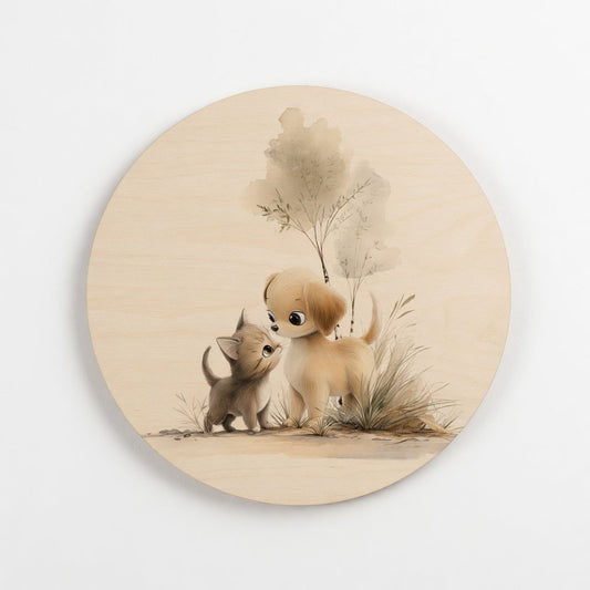 Cute Baby Cat and Dog - Kids Room Plywood Wall Art