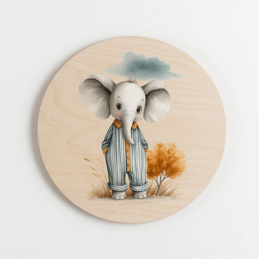 Fluffy baby elephant in pyjamas - Kids room plywood wall art
