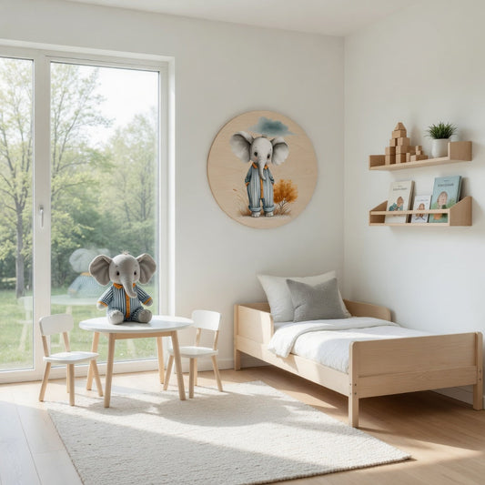 Fluffy baby elephant in pyjamas - Kids room plywood wall art