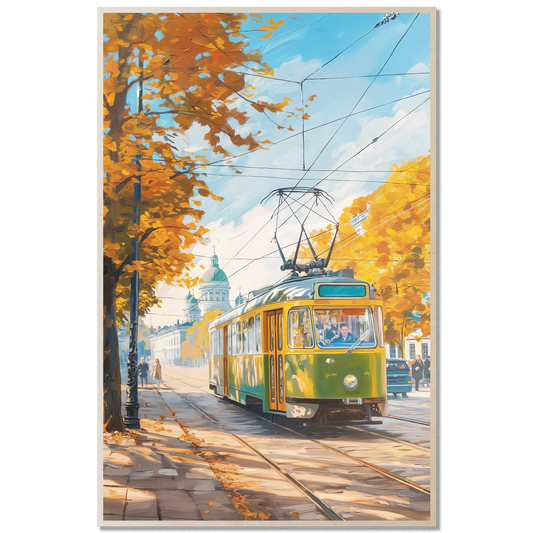 Helsinki Vintage Green–Yellow Tram – Autumn City,