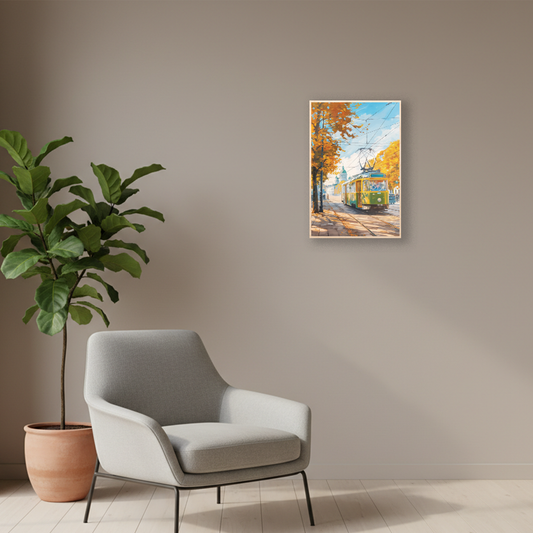 Helsinki Vintage Green–Yellow Tram – Autumn City,