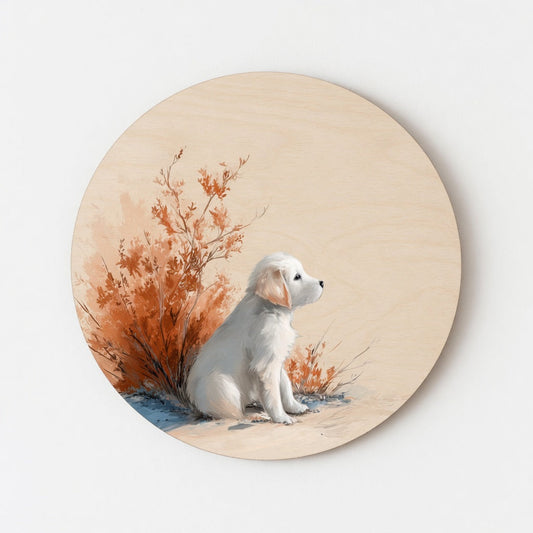 Cute White Puppy in Pyjamas - Kids Room Plywood Wall Art