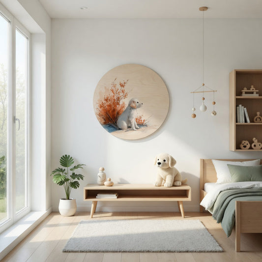 Cute White Puppy in Pyjamas - Kids Room Plywood Wall Art